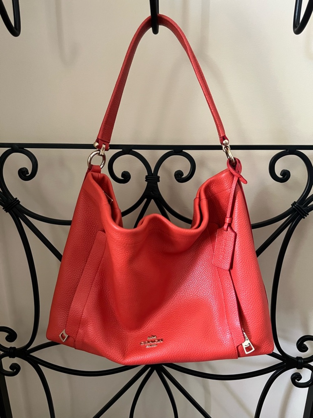 Coach Coral-Red Pebbled Leather Shoulder Hobo